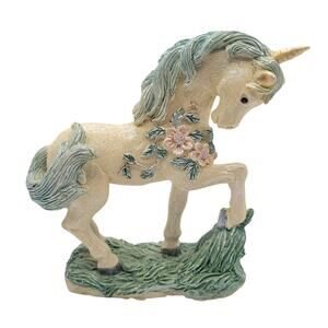 Vintage 1990s Baby Unicorn Figurine Resin hand painted Blue Floral
